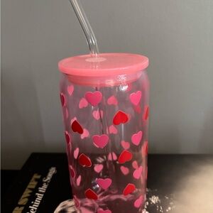 Pink Heart Glass Tumbler with Straw